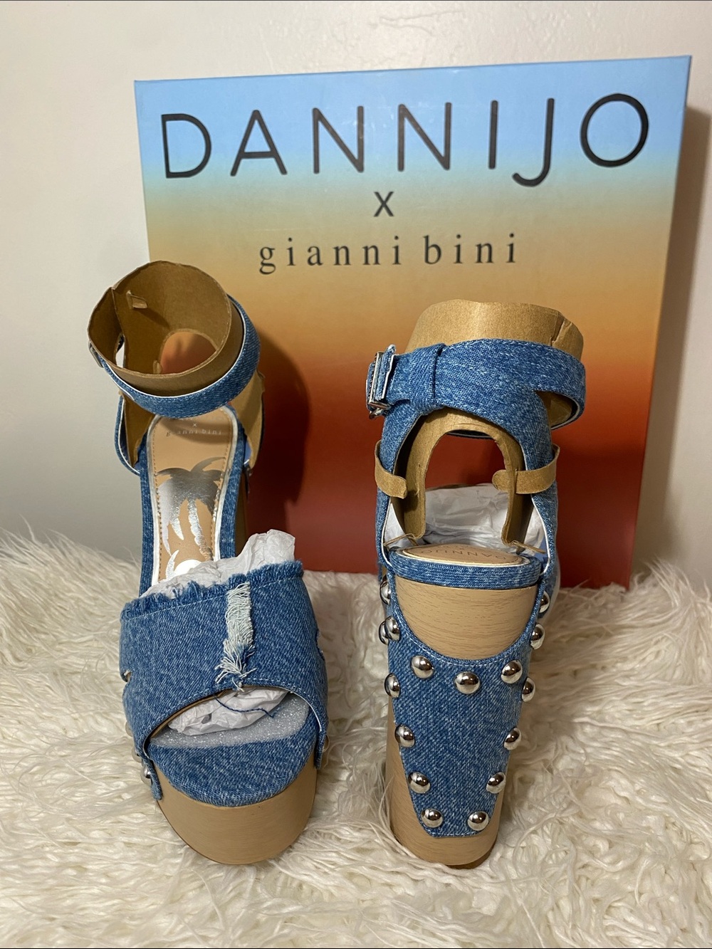 Gianni Bini Denim Platform Sandals with Silver Studs